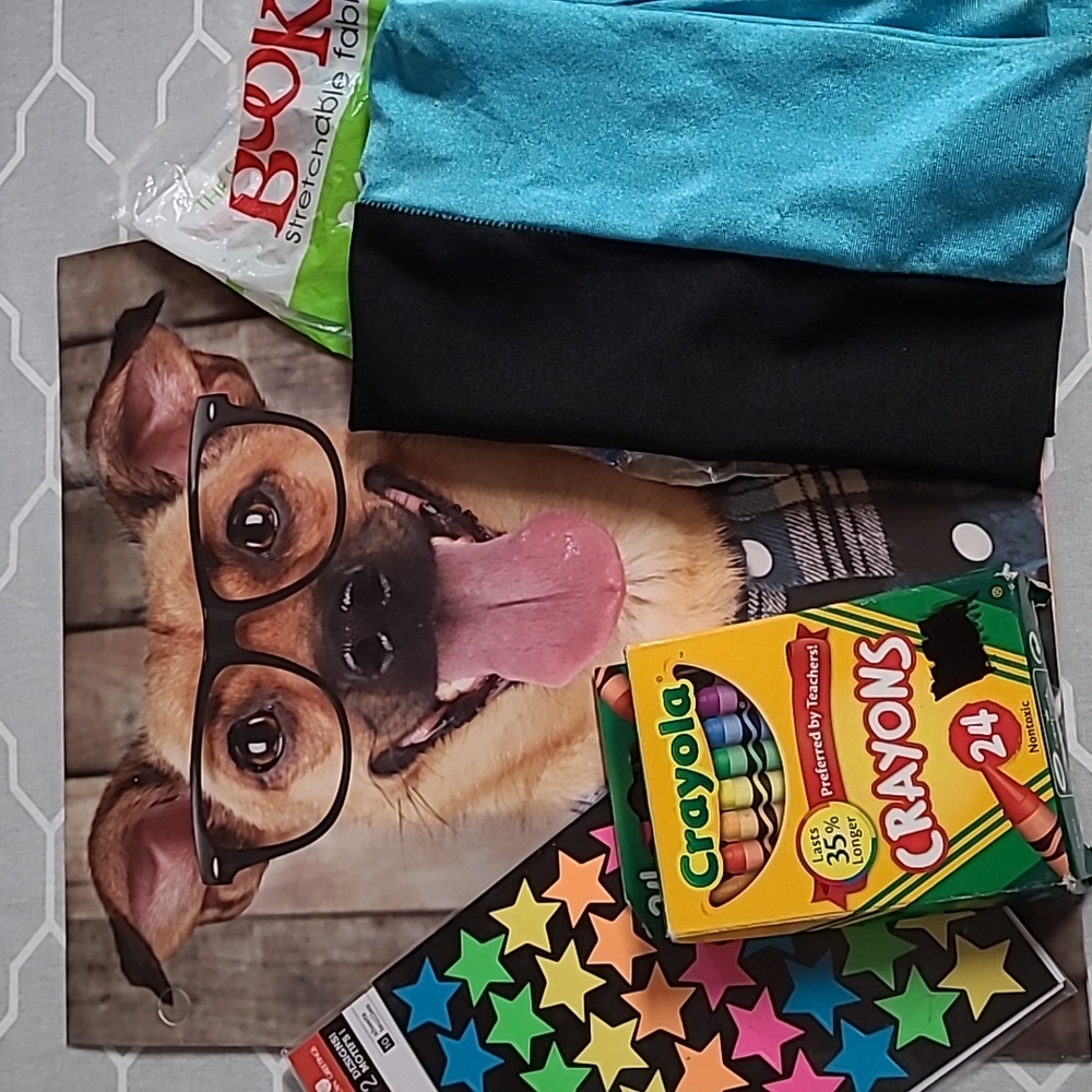 School Bundle! Coo dog folder, 2 Book Sox, Crayons, Star Stickers